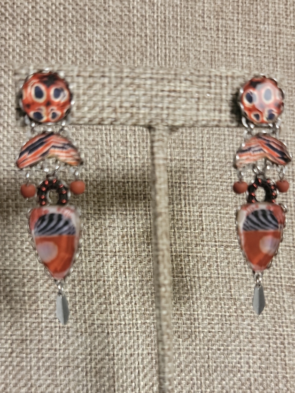 AYALA BAR Handcrafted Brick & Black Patterned Dangle Earrings